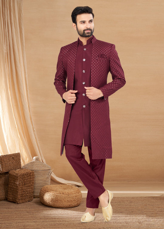 Red Indo Western Sherwani Men's Kurta with Embroidery & Sequins