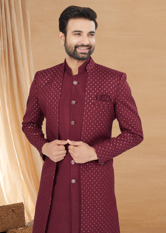 Red Indo Western Sherwani Men's Kurta with Embroidery & Sequins