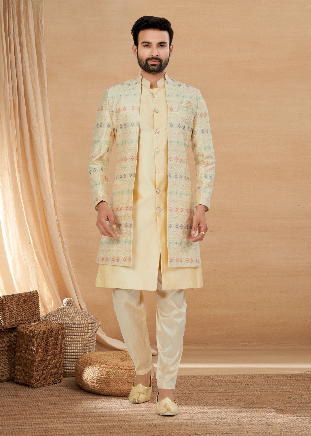 Cream Indo Western Sherwani Men's Kurta with Elegant Embroidery
