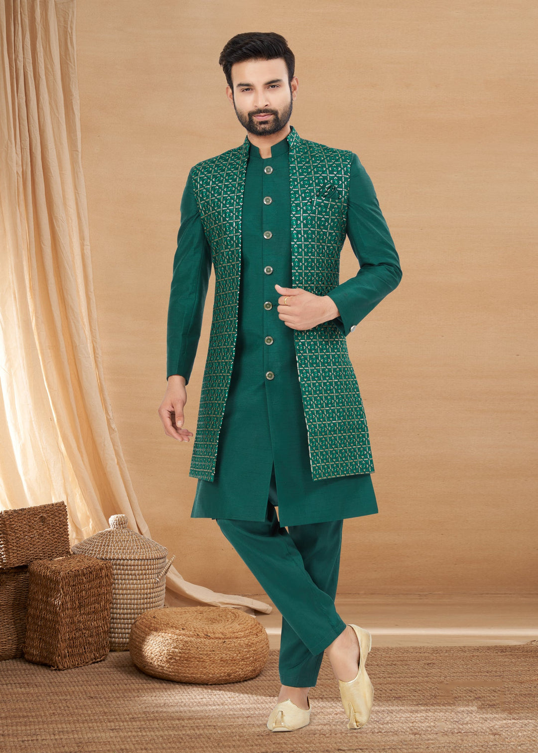 Green Indo Western Sherwani with Exquisite Embroidery for Weddings & Parties