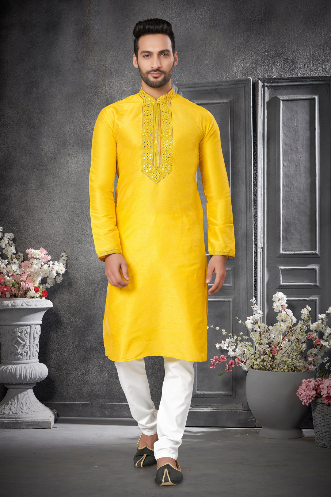 Elegant Yellow Silk Kurta with Pintex and Mirror Work for Weddings & Parties
