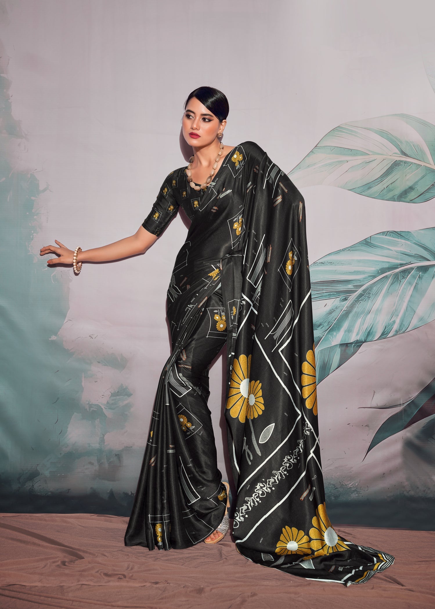 Elegant Black Satin Crepe Saree with Digital Print for Weddings & Parties