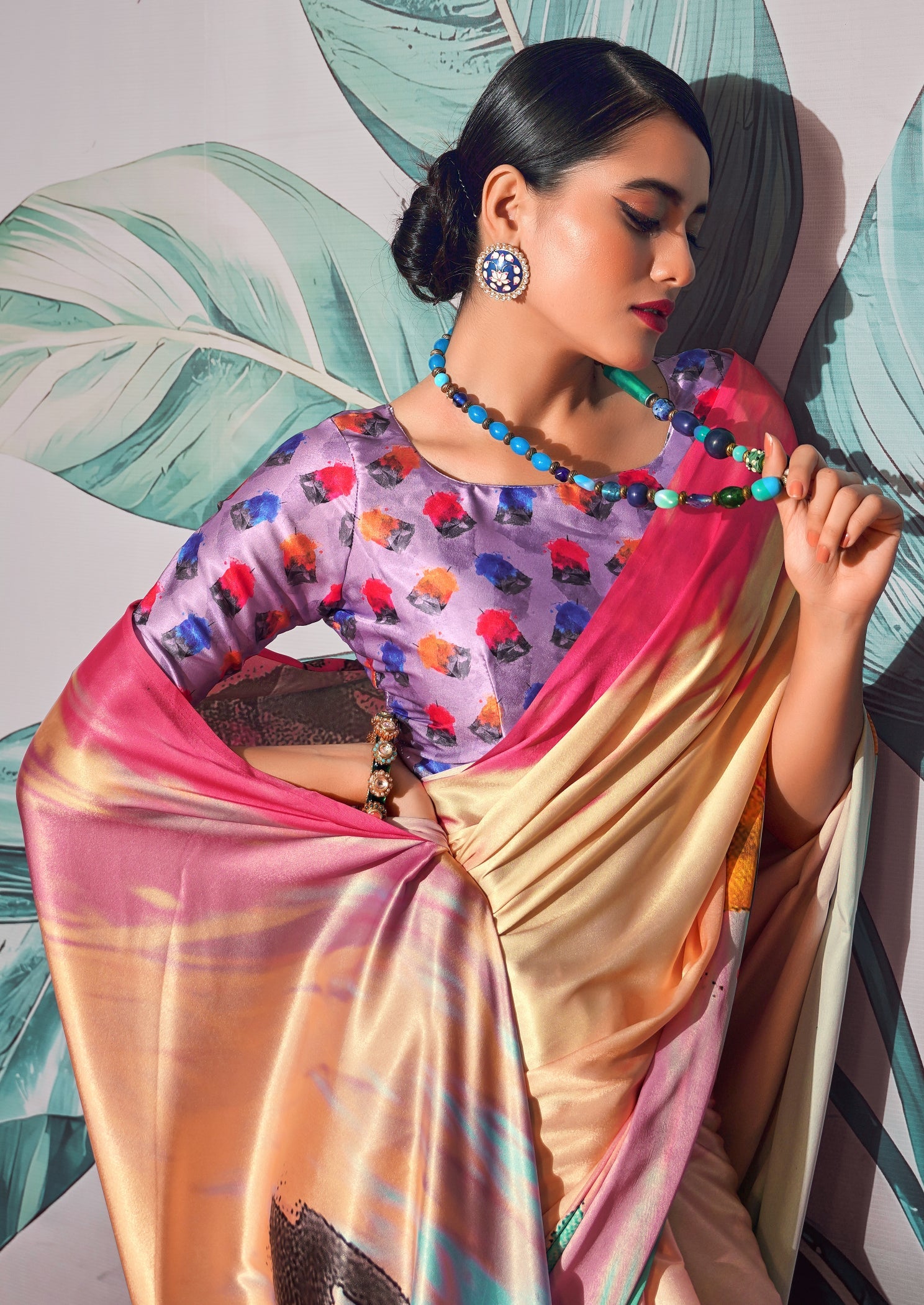 Elegant Multicolored Satin Crepe Saree with Digital Print for Weddings & Parties