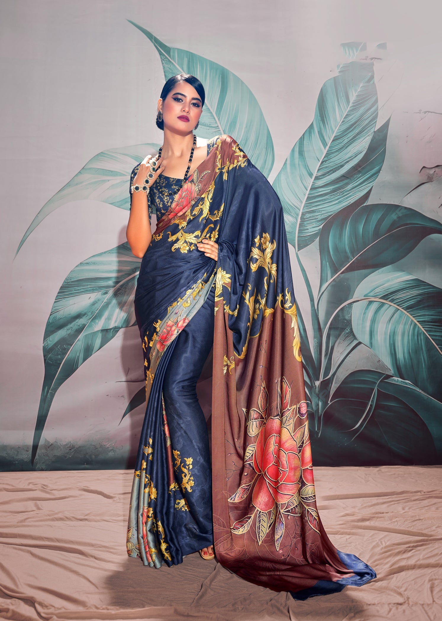 Elegant Blue Satin Crape Saree with Digital Print for Wedding & Party