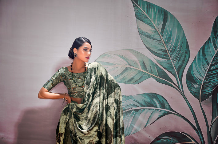 Elegant Green Satin Crepe Saree with Digital Print for Weddings and Parties
