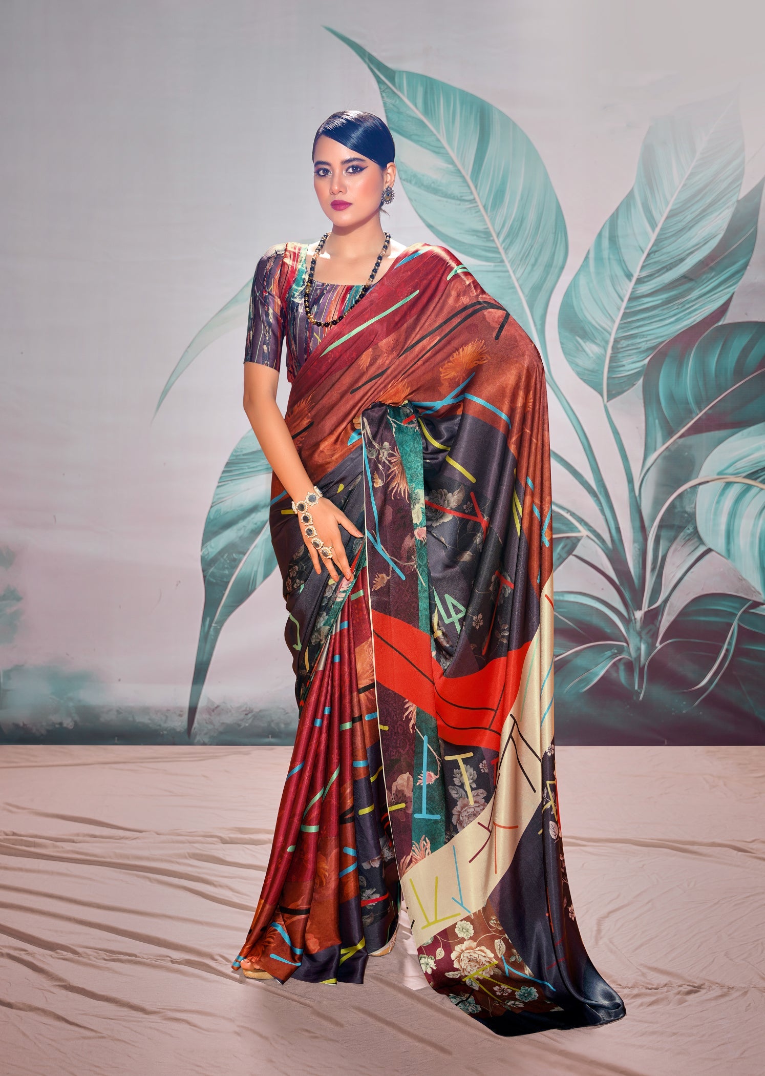 Elegant Multi-Color Satin Crepe Saree with Digital Print for Weddings & Parties