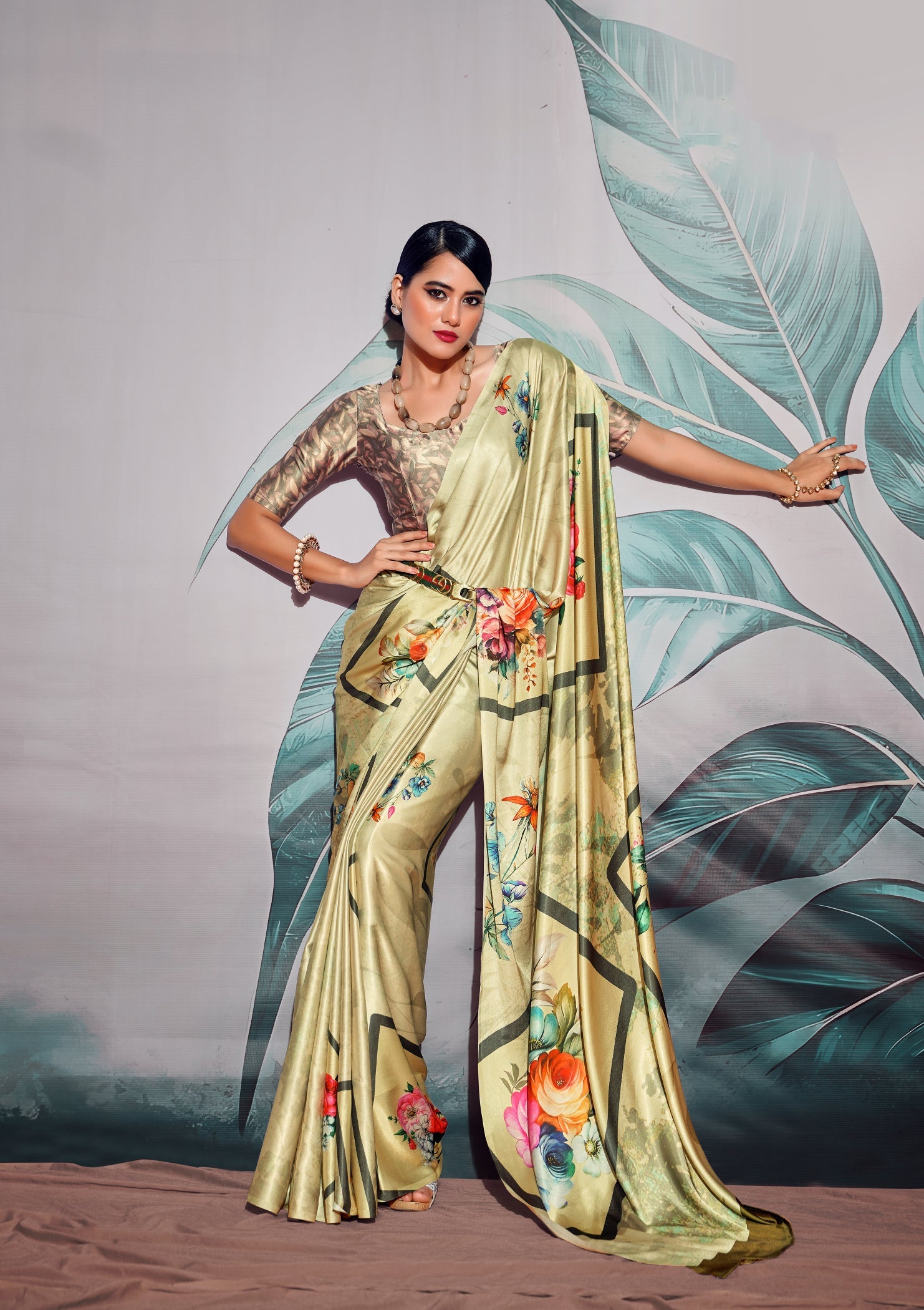 Elegant Green Satin Crape Saree with Digital Print for Weddings & Parties