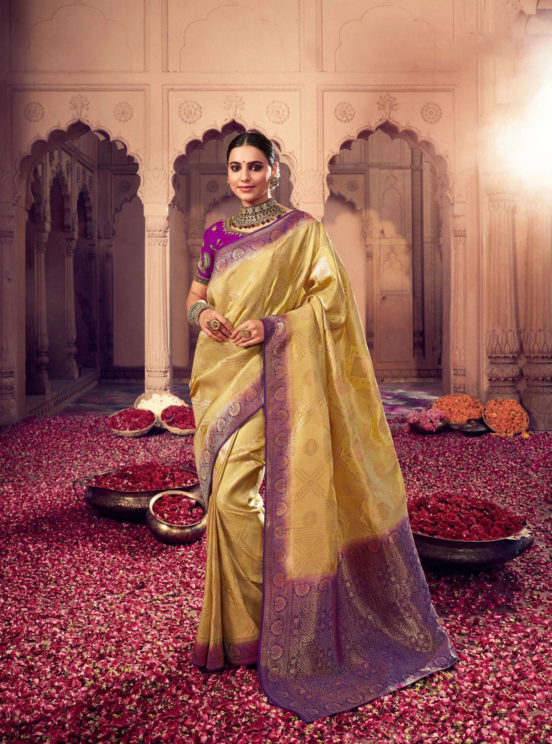 Radiant Golden Dola Silk Saree: Elegance and Glamour in Every Thread