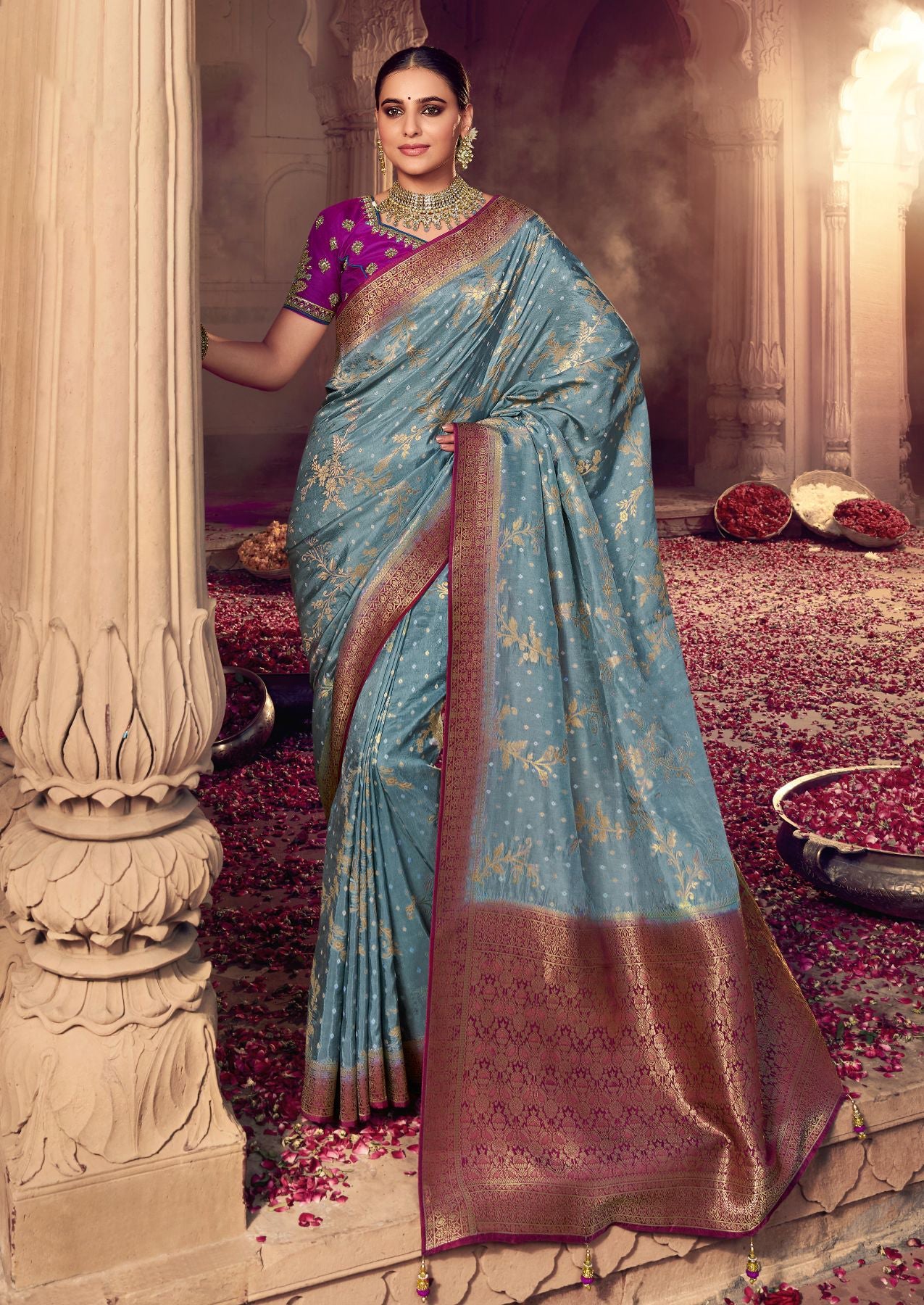 Ice Blue Elegance: Dola Silk Saree Draped in Sublime Beauty and Grace