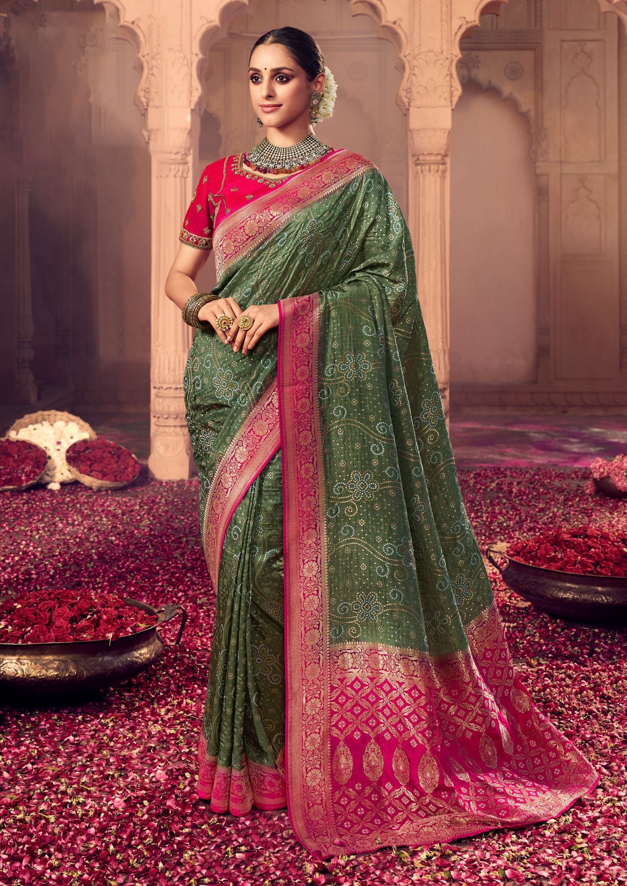 Enchanting Dark Green Dola Silk Saree: Elegance and Grace Redefined