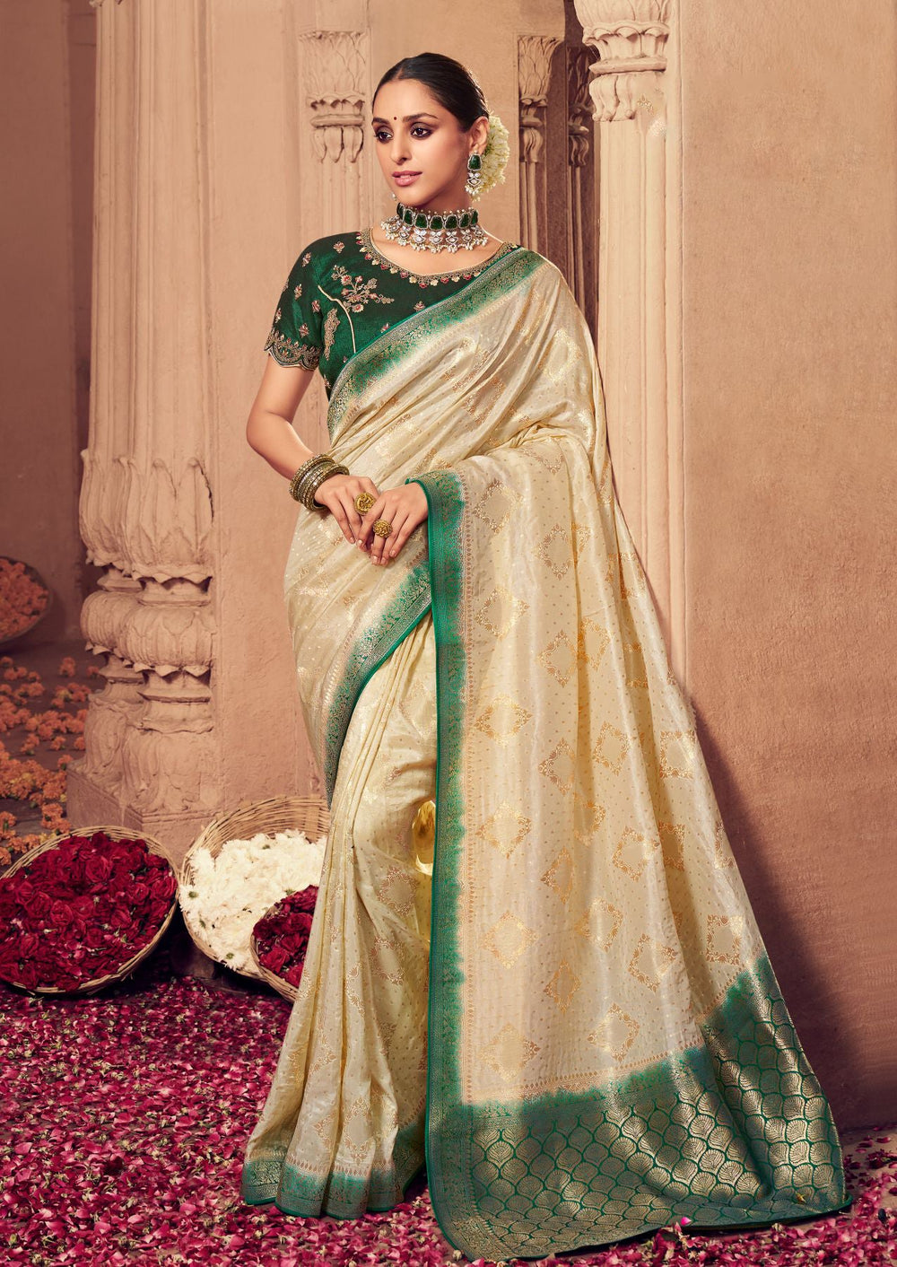 Elegant Cream Green Dola Silk Saree: A Fusion of Serenity and Opulence