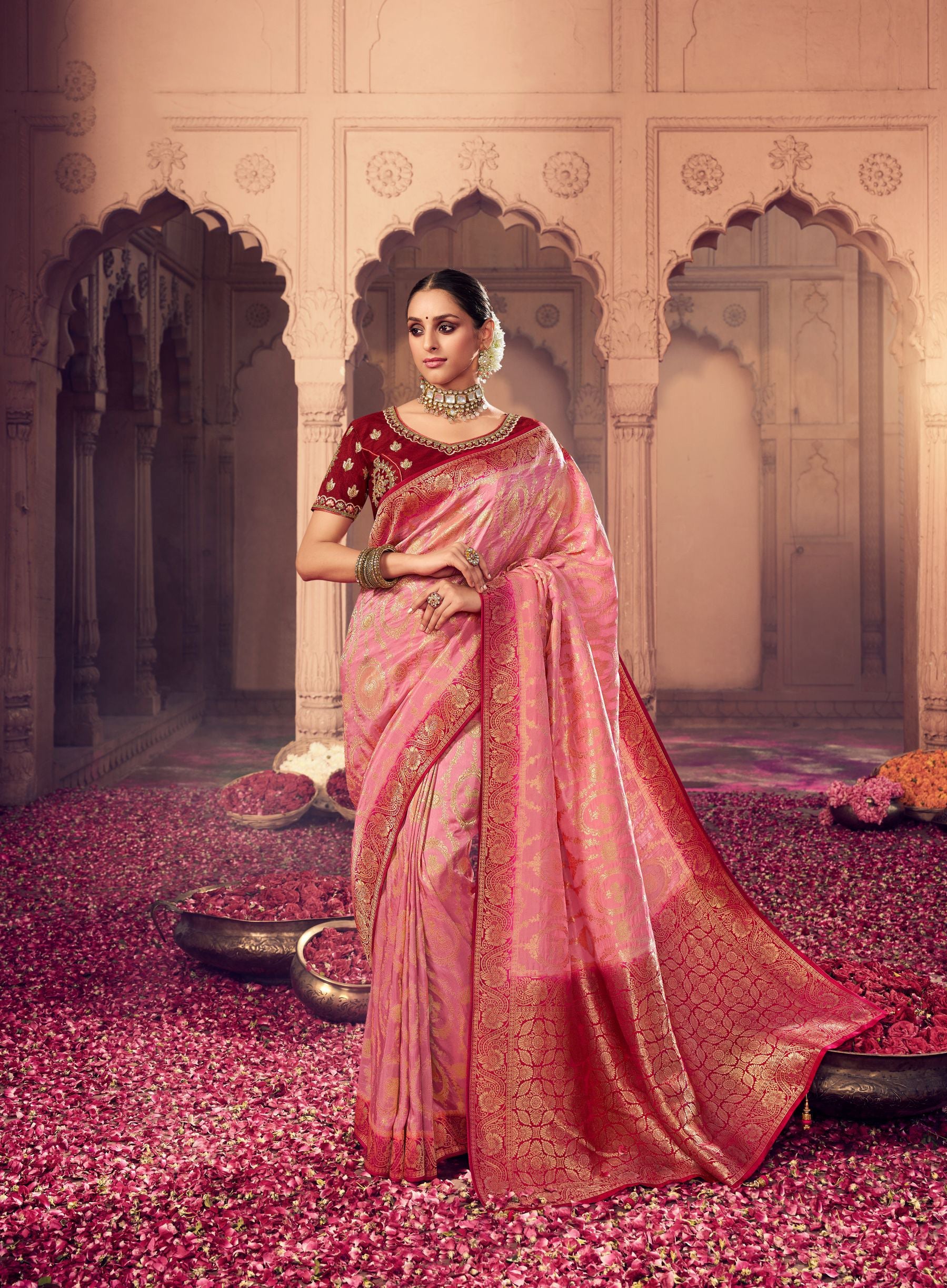 Graceful Light Pink Dola Silk Saree: Elegance and Comfort Combined Beautifully