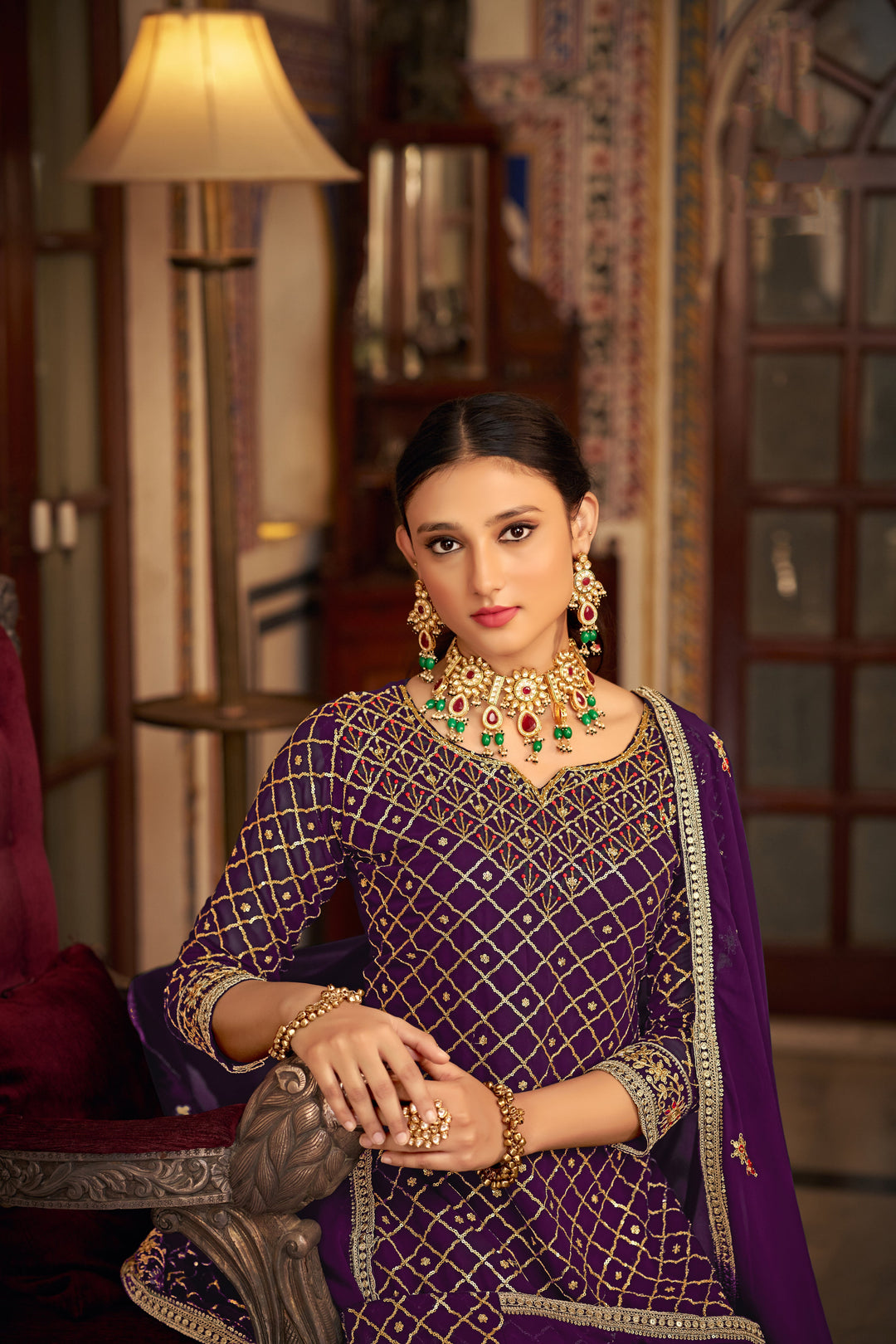 Elegant Purple Sharara Salwar Suit in Heavy Chinon - Perfect for Weddings and Parties