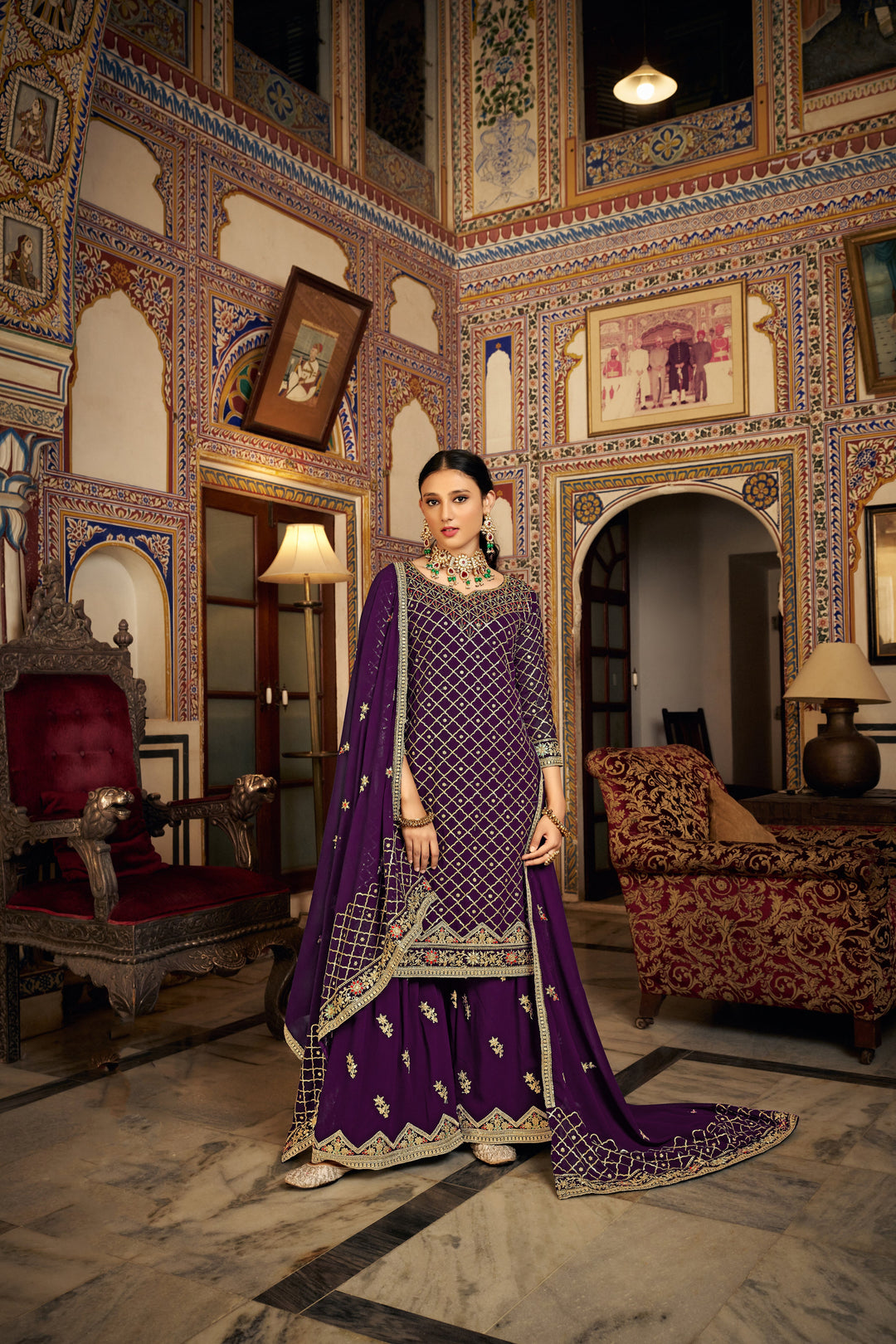 Elegant Purple Sharara Salwar Suit in Heavy Chinon - Perfect for Weddings and Parties