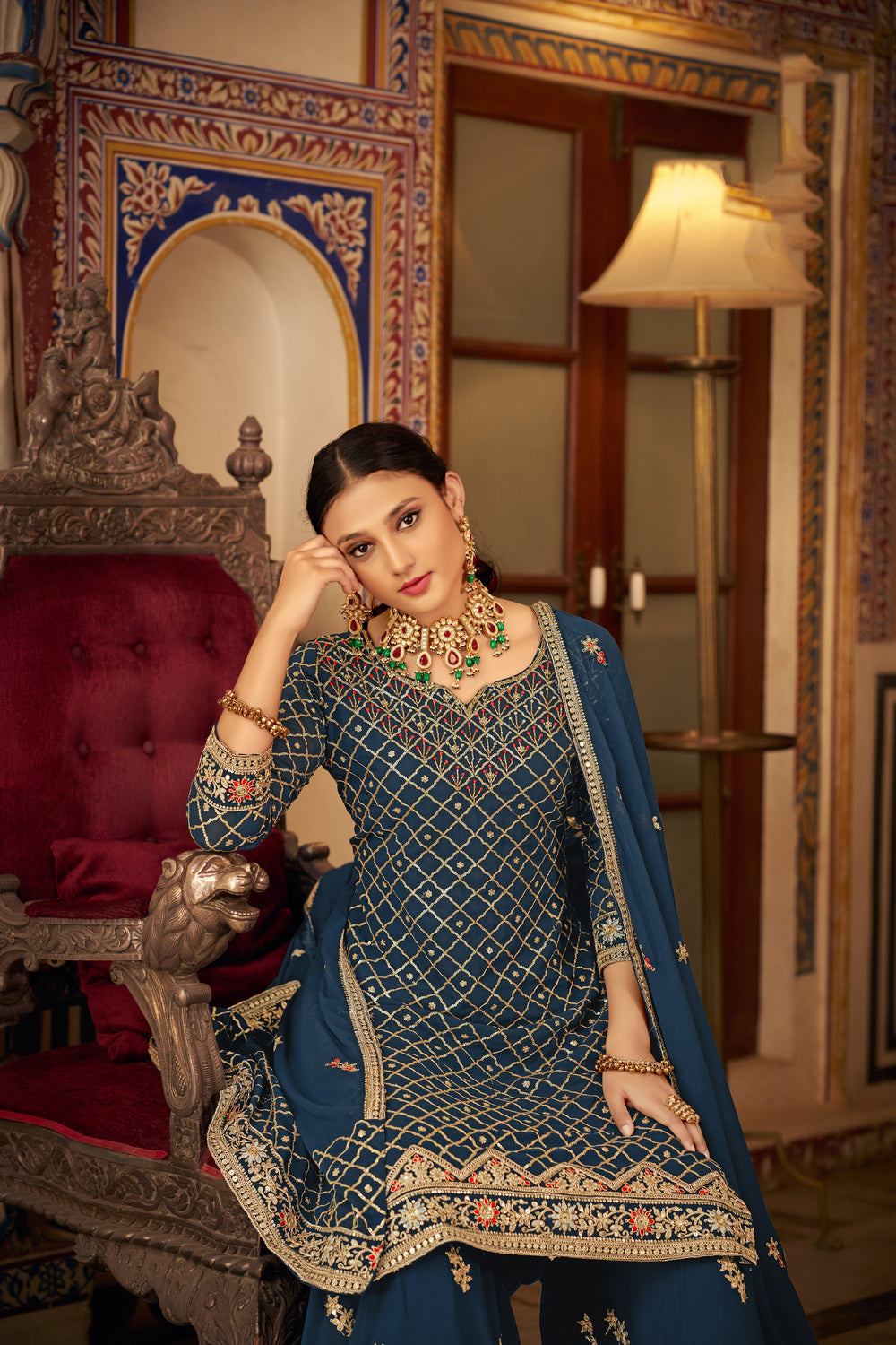 Elegant Blue Sharara Salwar Suit in Heavy Chinon Fabric for Weddings & Parties