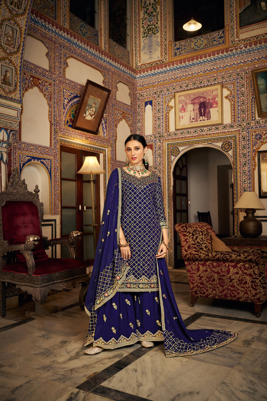 Elegant Blue Sharara Suit in Heavy Chinon Fabric for Weddings and Parties