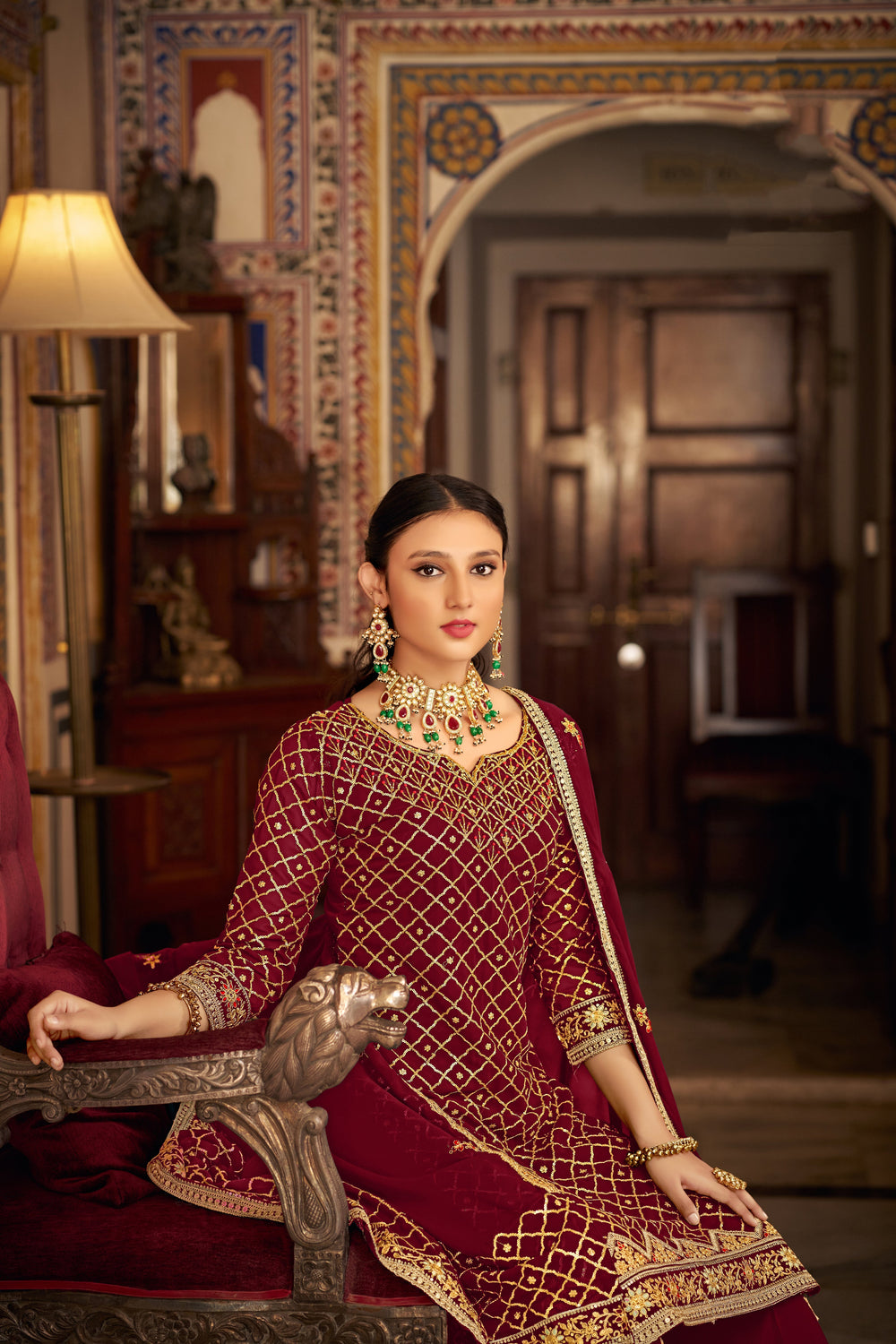 Elegant Red Sharara Salwar Suit in Luxurious Chinon Fabric for Weddings and Parties
