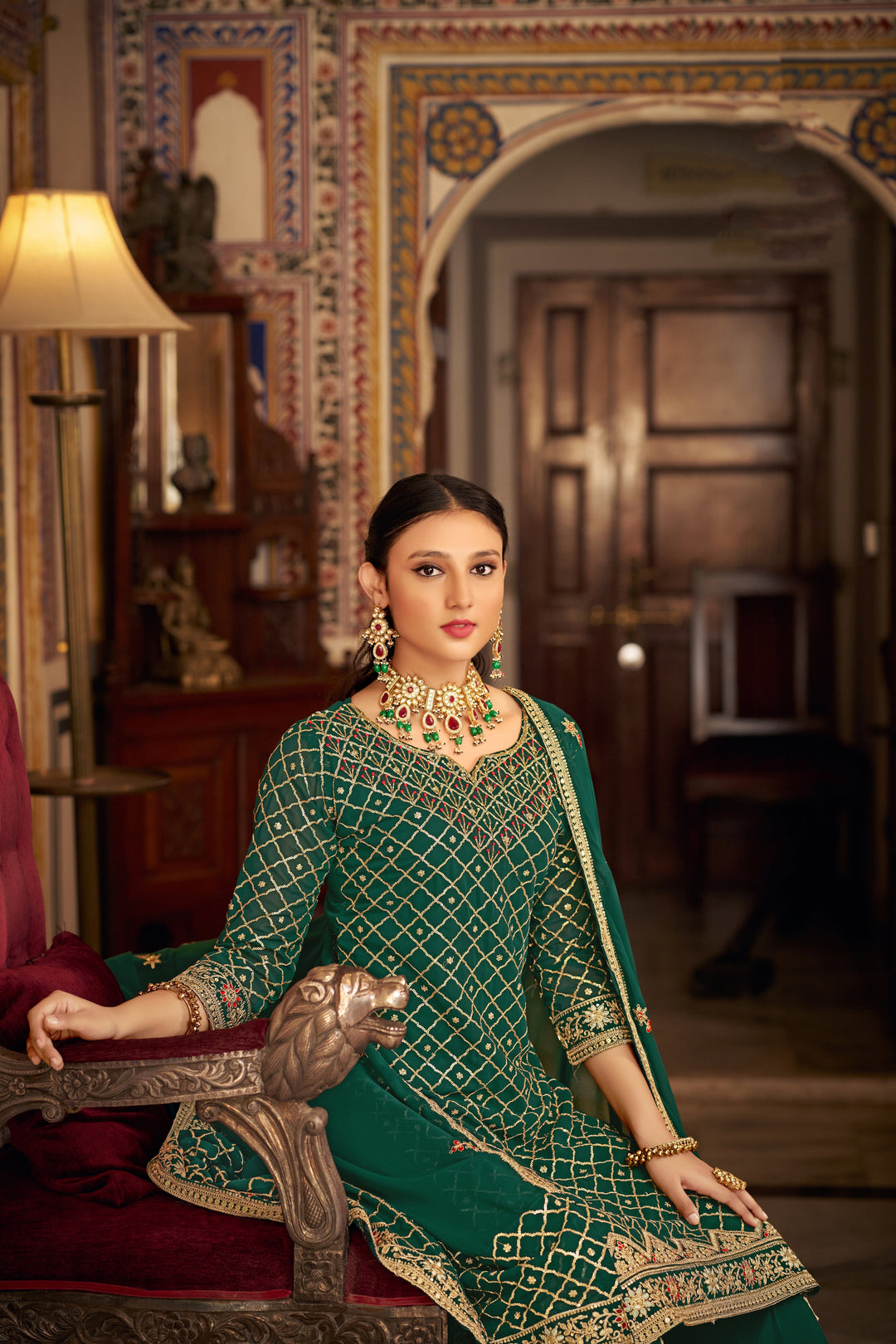 Elegant Green Sharara Suit in Heavy Chinon Fabric for Weddings and Parties