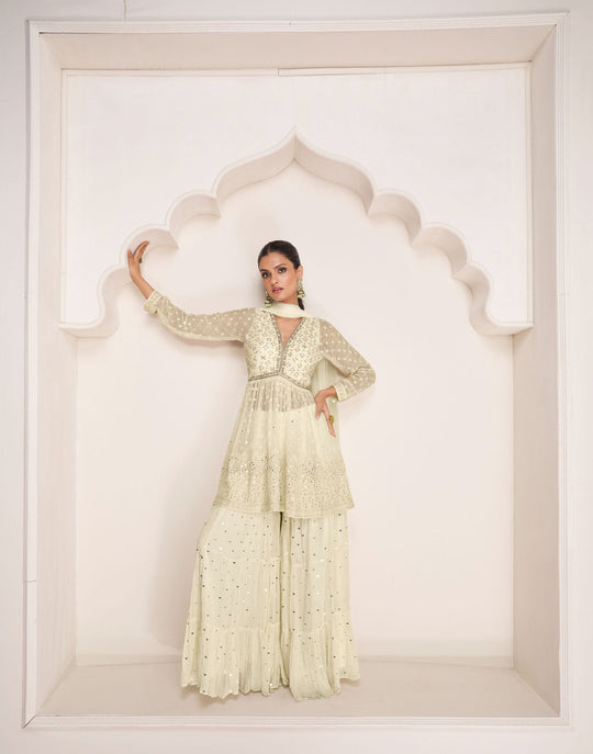 Cream Georgette Chinon Embroidered Sharara Suit for Wedding & Party Elegance