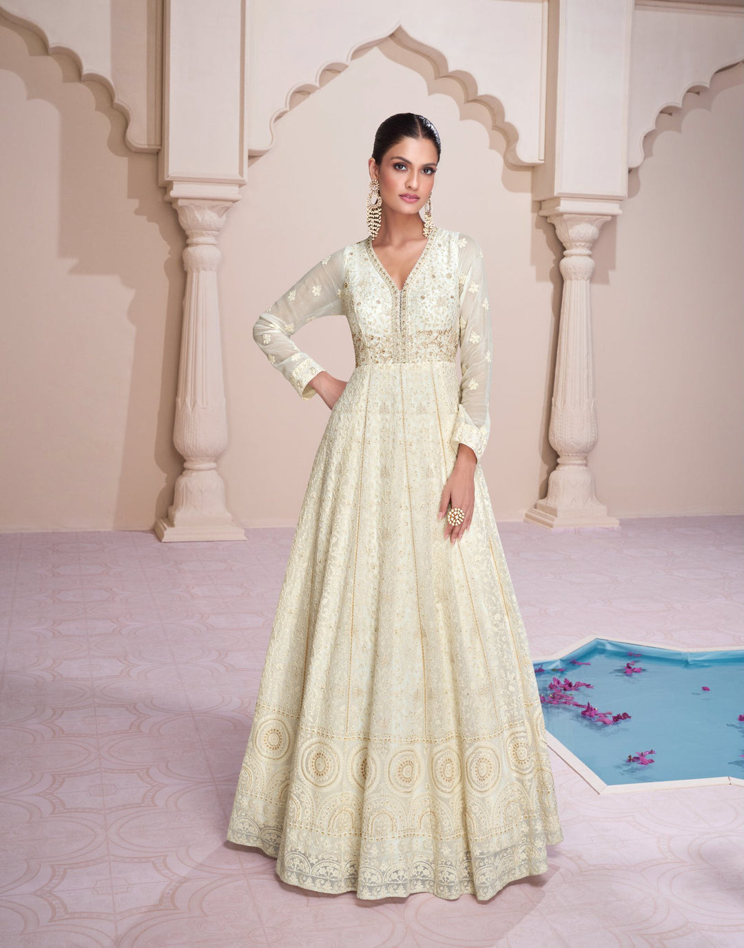 Elegant White Georgette Gown for Weddings & Parties: Timeless Beauty in Every Stitch