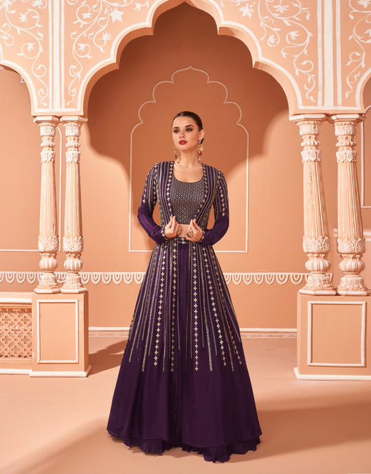 Elegant Purple Gown in Hinon Silk/Georgette: Perfect for Weddings & Parties!