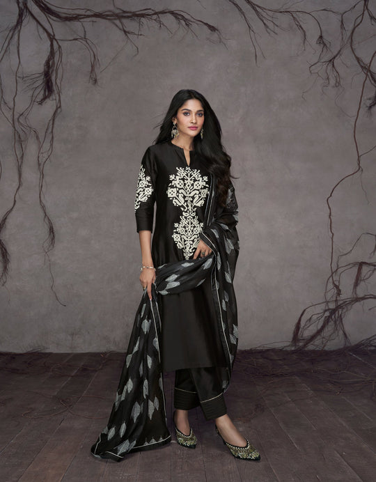 Elegant Black Pure Silk Salwar Suit for Wedding and Party Glamour