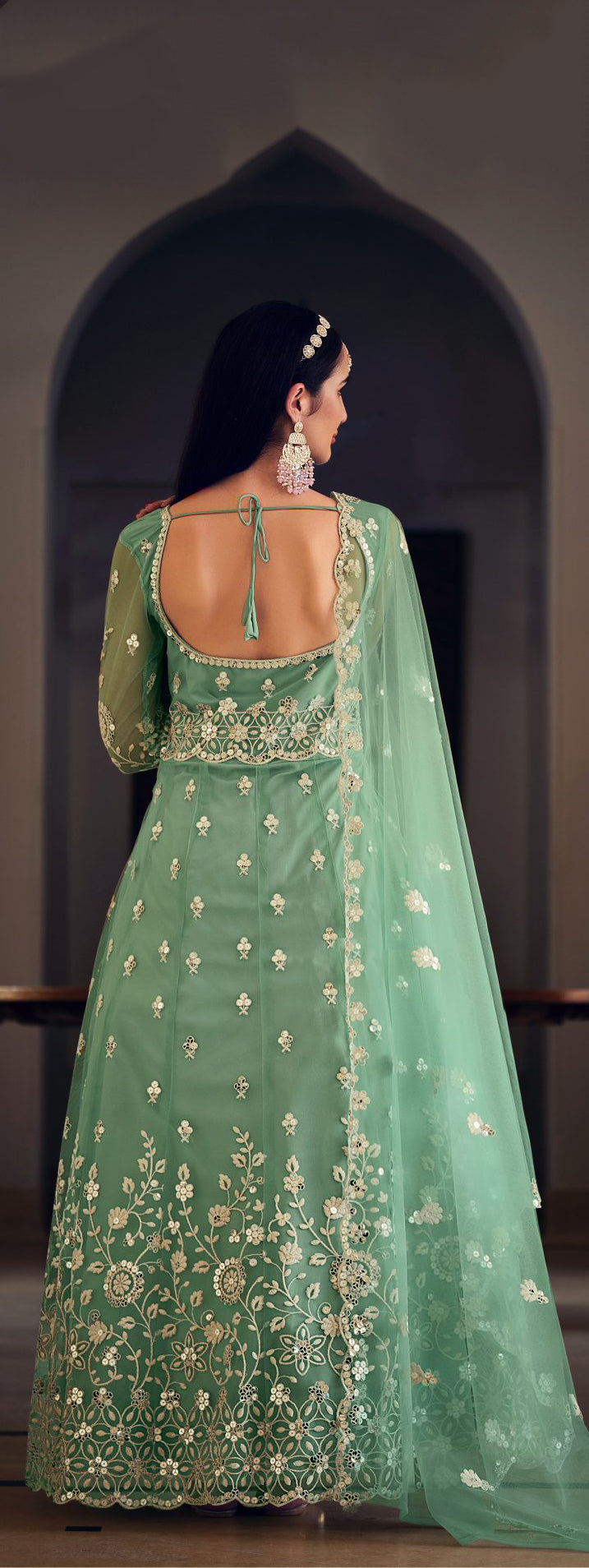 Elegant Green Gown with Front & Back Heavy Sequence Embroidery for Weddings & Parties