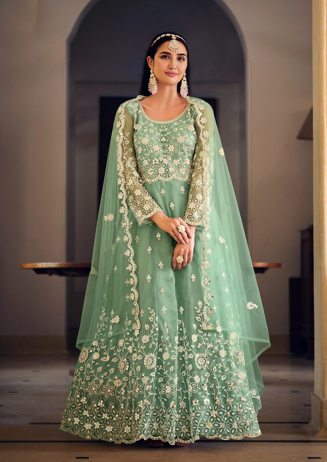 Elegant Green Gown with Front & Back Heavy Sequence Embroidery for Weddings & Parties