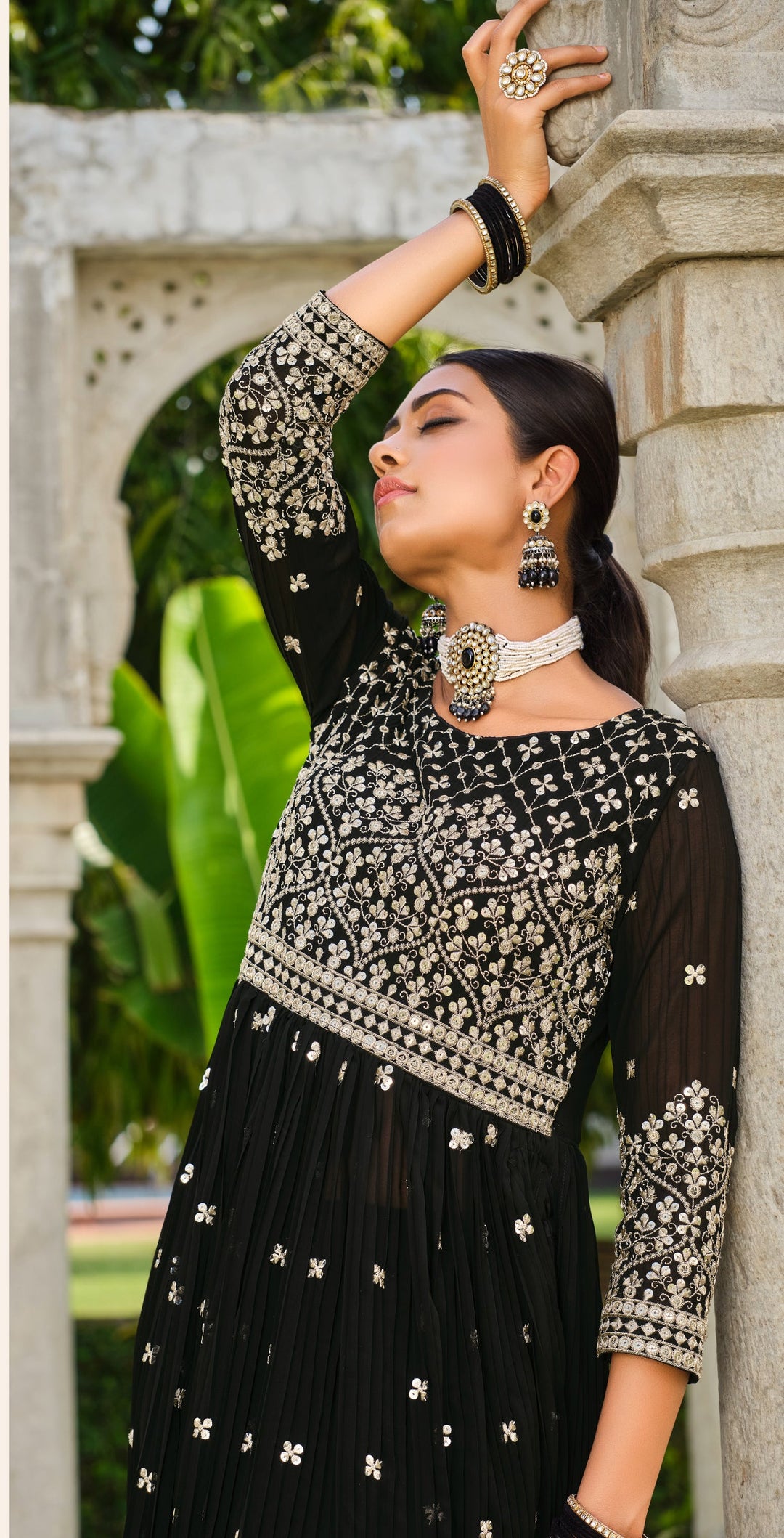 Elegant Black Gown with 7mm Sequence & Crushed Georgette - Perfect for Weddings & Parties