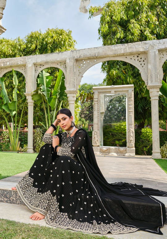 Elegant Black Gown with 7mm Sequence & Crushed Georgette - Perfect for Weddings & Parties