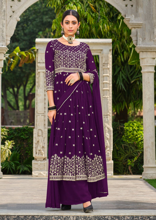 Elegant Purple Gown: 7mm Sequence Work, Crushed Fabrics, Perfect for Weddings & Parties