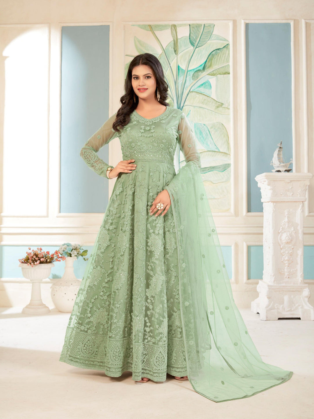 Enchanting Green Gown with Butterfly Net & Luxurious Japan-Satin for Parties & Weddings
