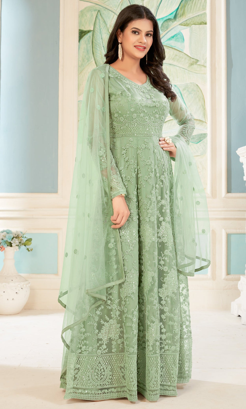 Enchanting Green Gown with Butterfly Net & Luxurious Japan-Satin for Parties & Weddings