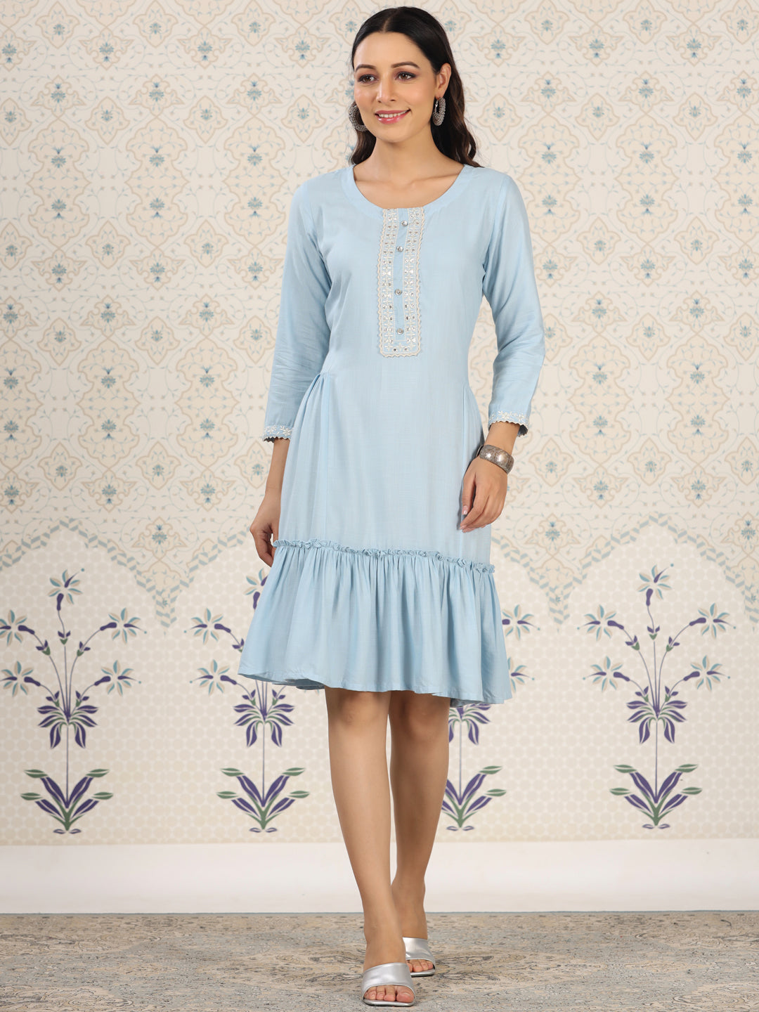 Elegant Sky Blue Embroidered Short Top in Party-Ready RAYON Fabric