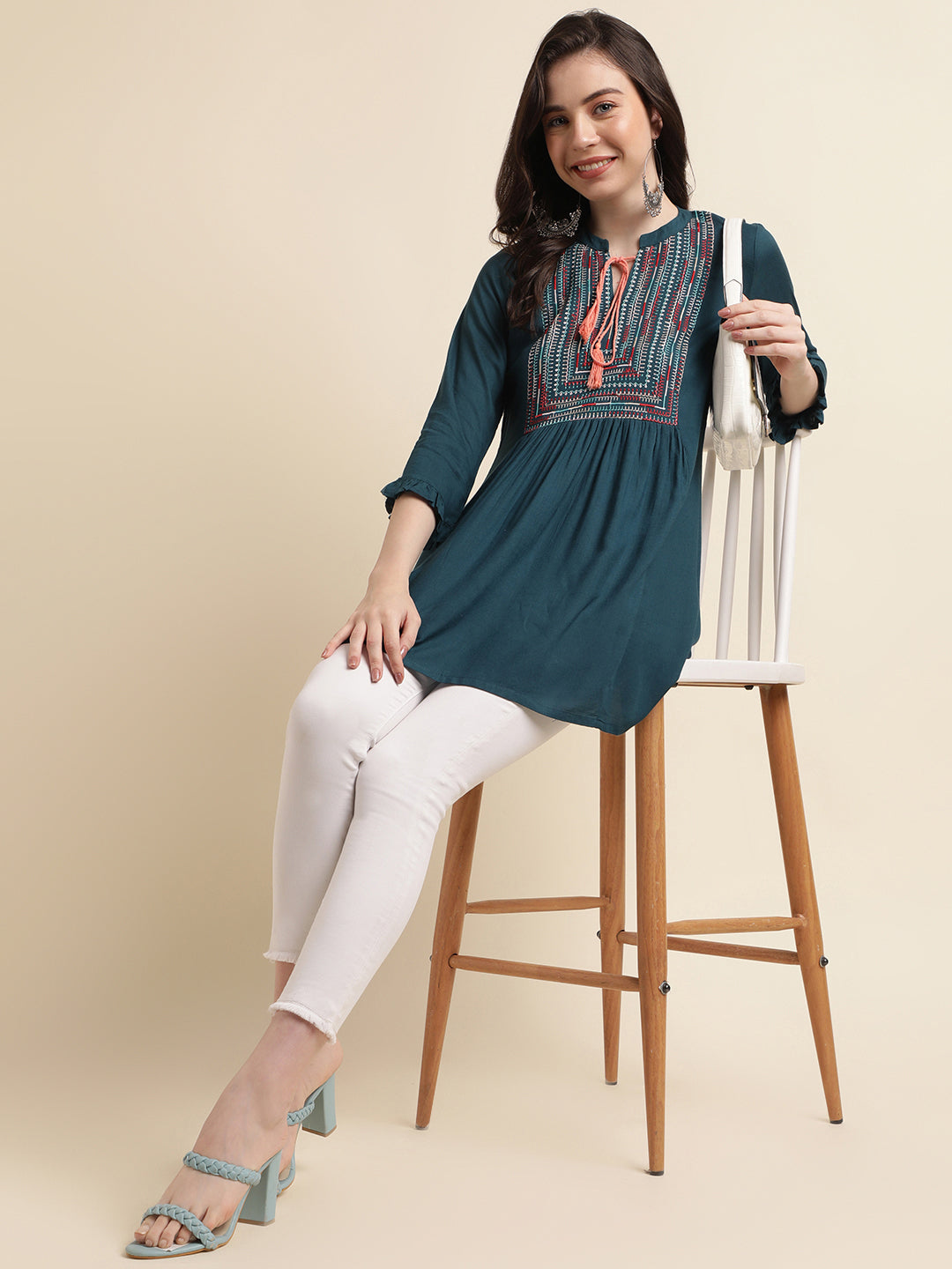 Rama-Colored Embroidered Western Short Top for Stylish Partywear