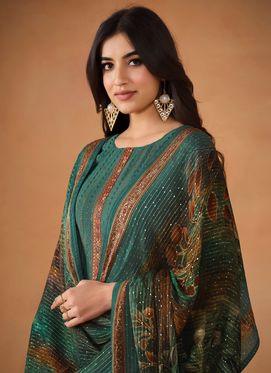 Elegant Green Chinon Salwar Suit for Weddings and Parties