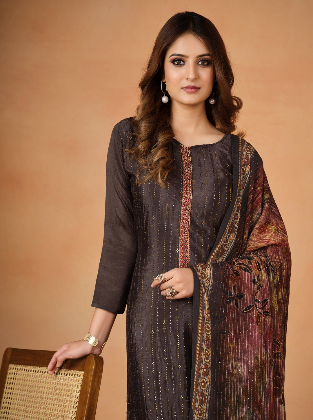 Elegant Brown Chinon Salwar Suit for Weddings and Parties