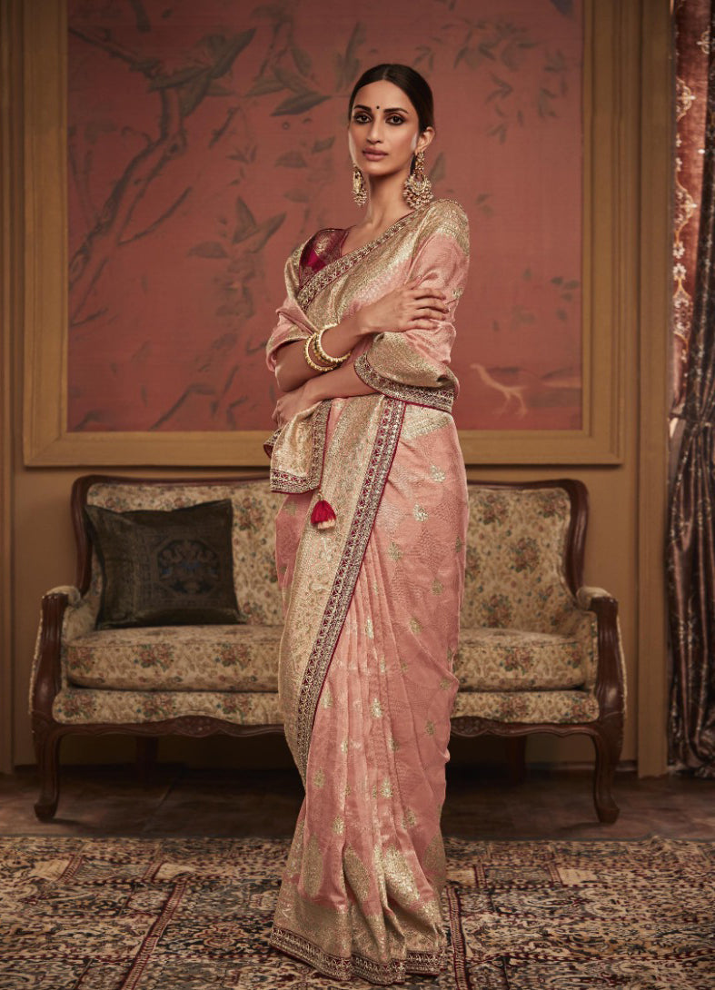 Enchanting Light Pink Dola Silk Saree with Designer Lace Border - Perfect for Parties and Weddings!