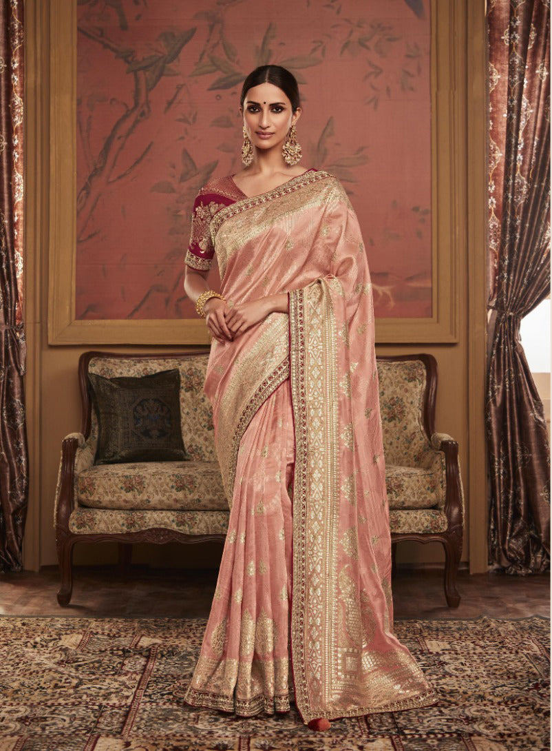 Enchanting Light Pink Dola Silk Saree with Designer Lace Border - Perfect for Parties and Weddings!
