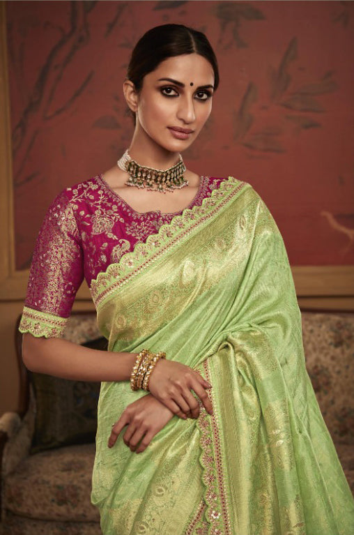 Elegant Lightgreen Designer Dola Silk Saree with Fancy Lace Border