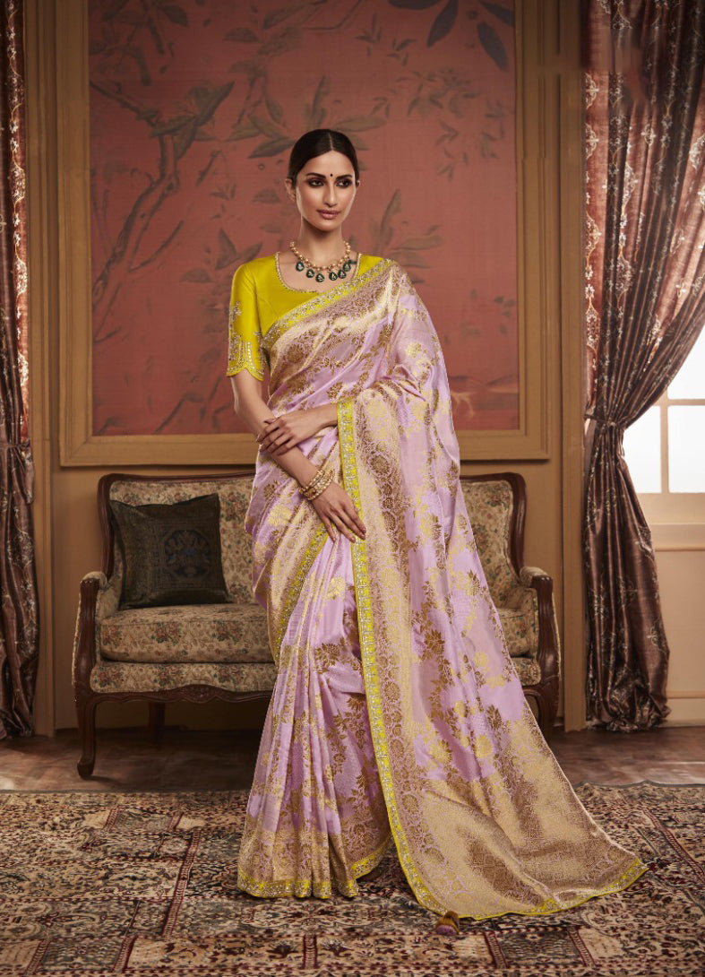 Enchanting Yellow-Pink Designer Saree in Soft Pure Dola Silk with Fancy Lace Border