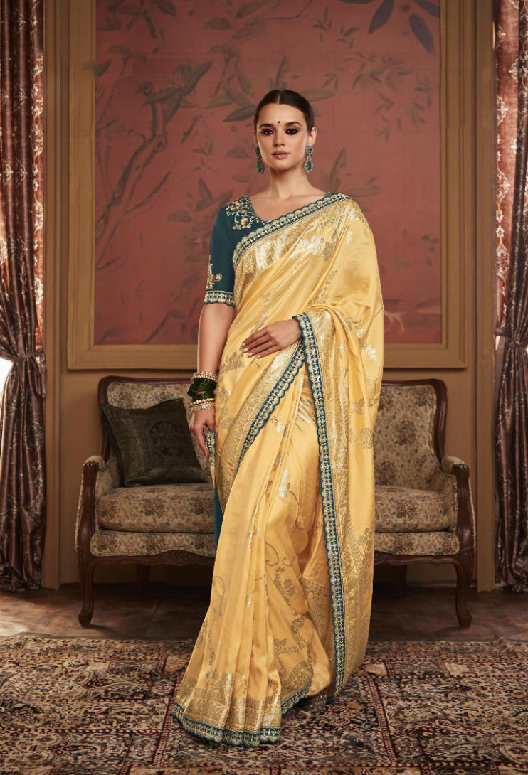 Enchanting Yellow-Green Dola Silk Saree with Designer Lace Border - Perfect for Parties and Weddings!