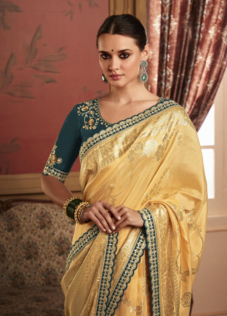Enchanting Yellow-Green Dola Silk Saree with Designer Lace Border - Perfect for Parties and Weddings!