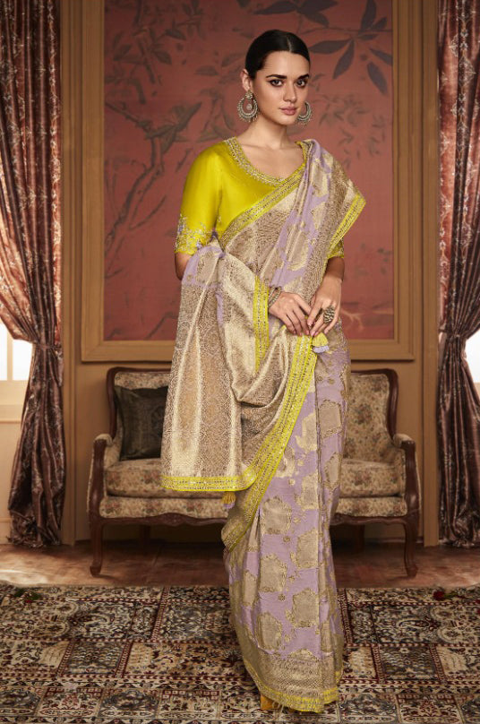 Lovely Lavender: Designer Dola Silk Saree with Lace Border for Party and Wedding Wear