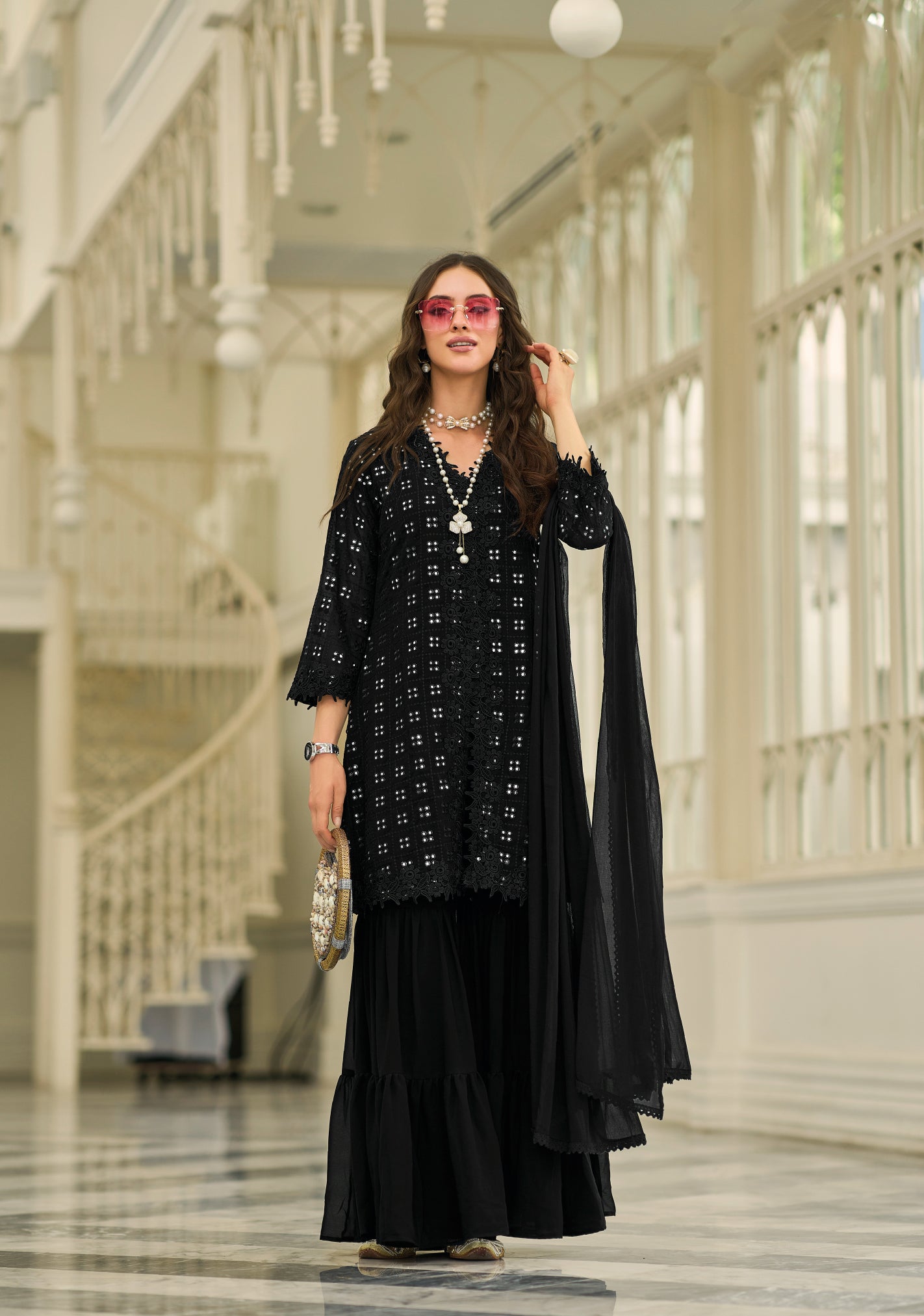 Elegant Black Sharara Salwar Suit with Intricate Fox Georgette Embroidery