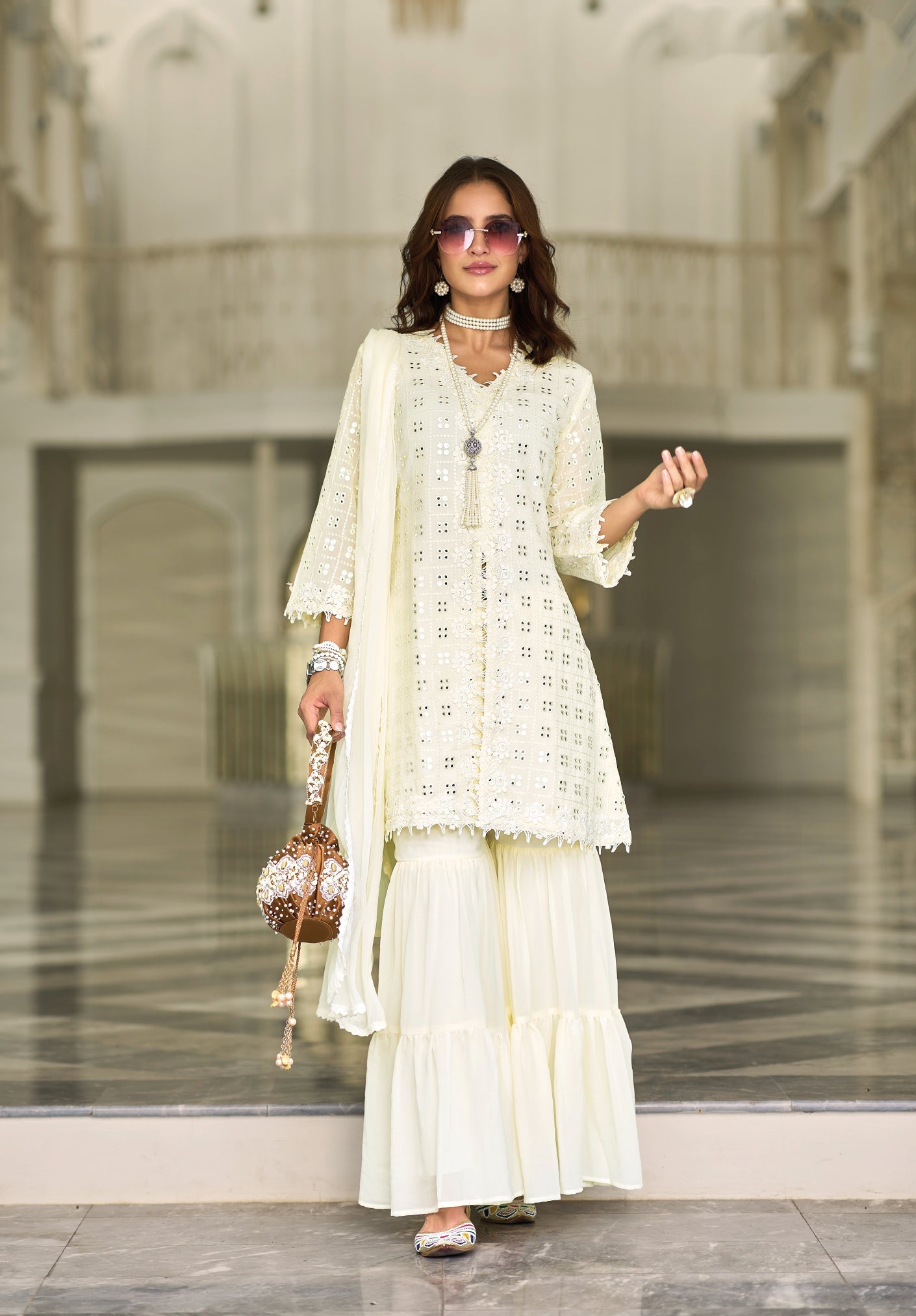 Elegant White Fox Georgette Sharara Salwar Suit for Weddings and Parties