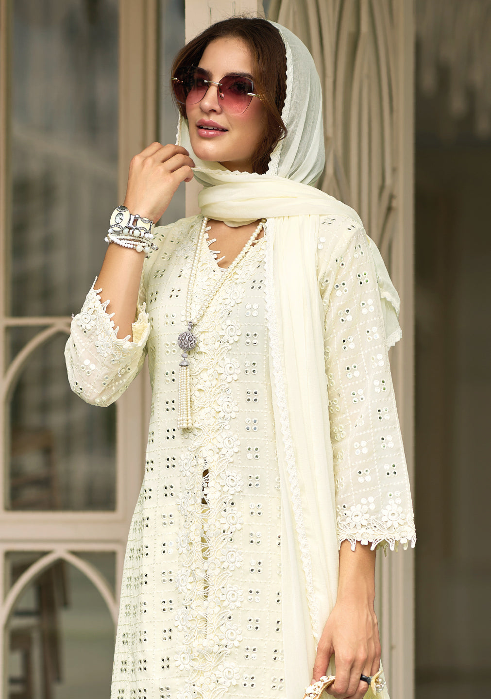 Elegant White Fox Georgette Sharara Salwar Suit for Weddings and Parties
