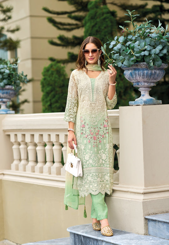 Elegant Green Salwar Suit with Embroidery, Moti Work, and Gpo Lace