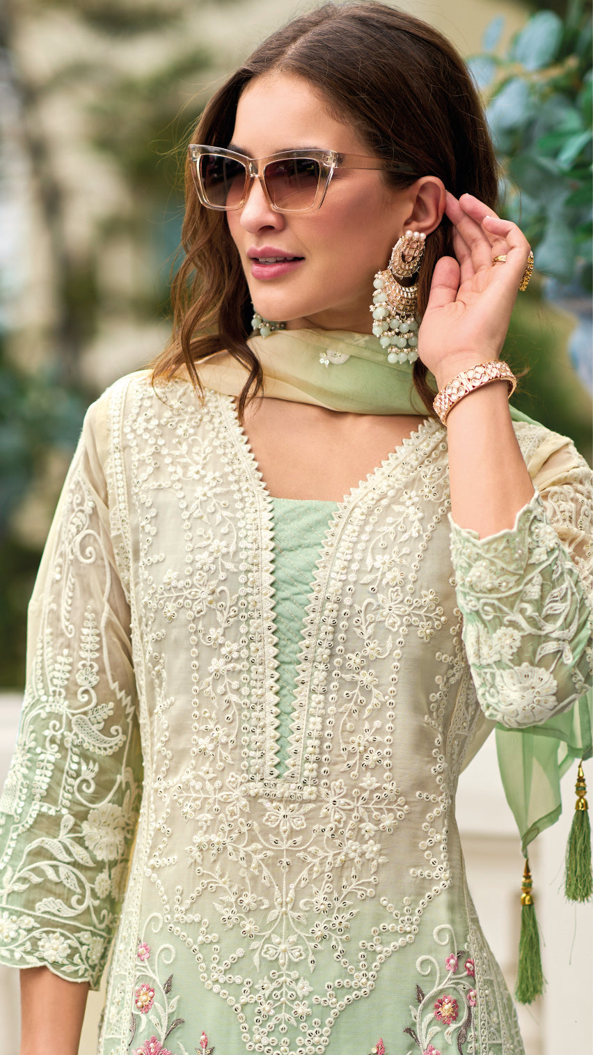 Elegant Green Salwar Suit with Embroidery, Moti Work, and Gpo Lace