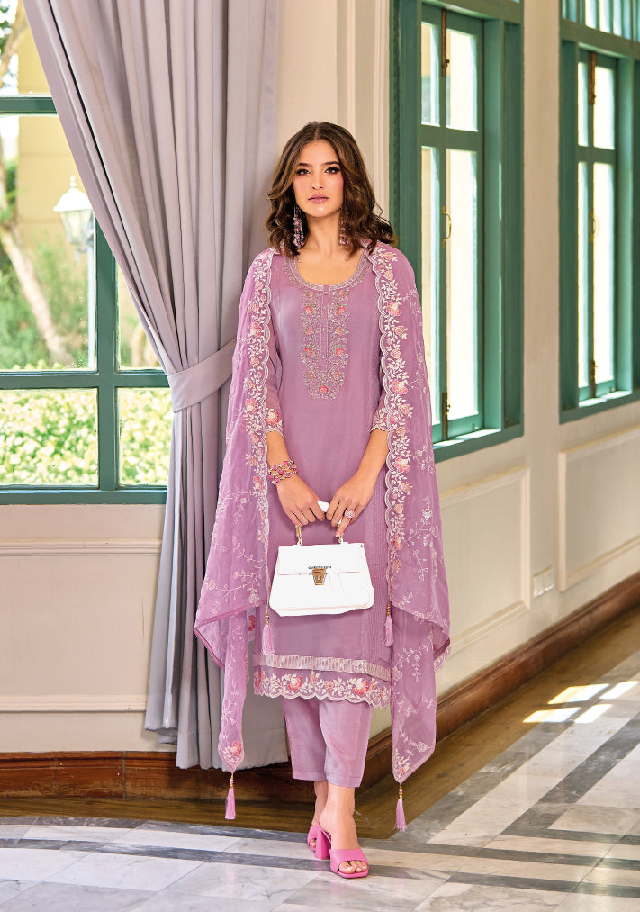 Elegant Purple Salwar Suit with Hand-Embroidered Soft Organza for Wedding & Party